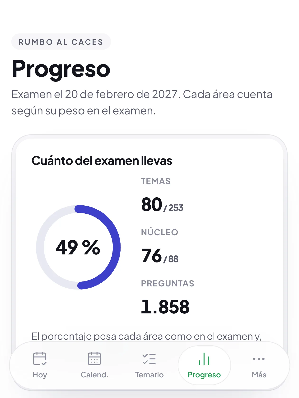 Tu progreso en un iPad: cuánto del examen llevas cubierto